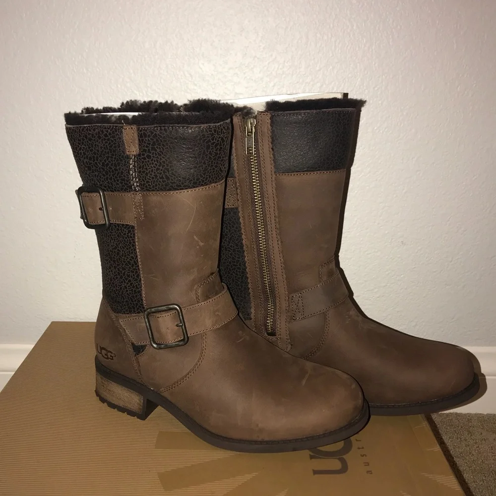 UGG Brown Leather Mid-Calf Shearling-Lined Boots with Buckle